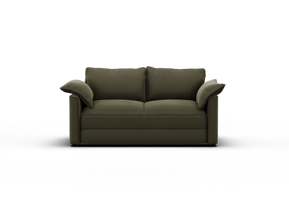 Luxurious olive green two-seater sofa in plush fabric, featuring wide armrests and deep cushions. Perfect for a contemporary living space.