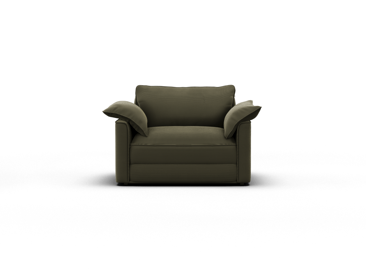 Luxurious olive armchair featuring plush cushions, soft fabric upholstery, and sleek lines, perfect for sophisticated living spaces.