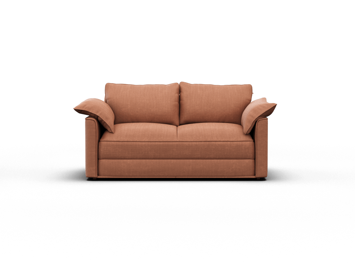 Plush two-seater sofa in rich terracotta fabric featuring deep cushions, wide armrests, and minimalist design; perfect for sophisticated living spaces.