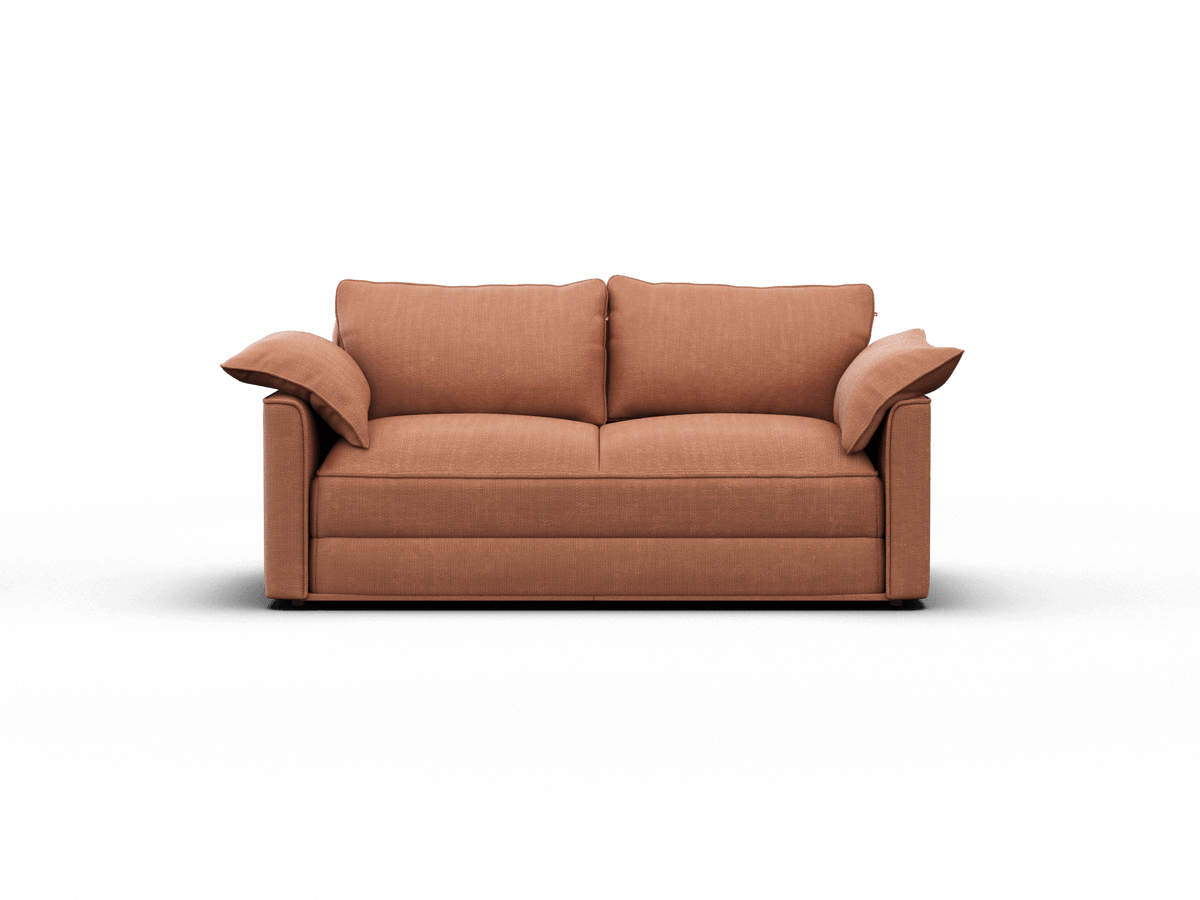 Modern two-seater sofa in warm terracotta fabric, featuring plush, cushioned armrests and a minimalist silhouette. Perfect for a contemporary living room.