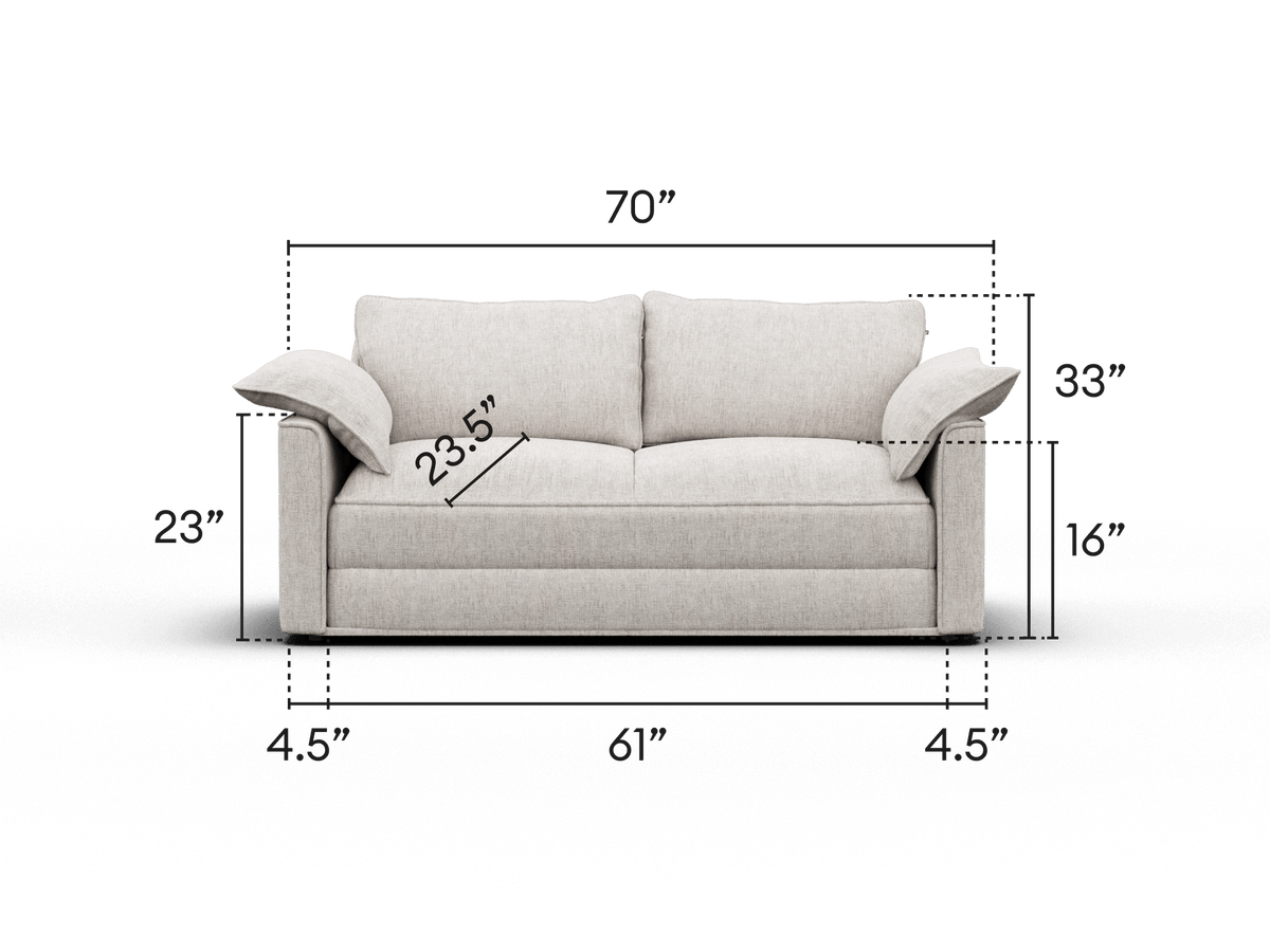Elegant beige loveseat sofa in premium fabric, featuring plush cushions and wide armrests. Perfect for modern, sophisticated living spaces. Dimensions included.