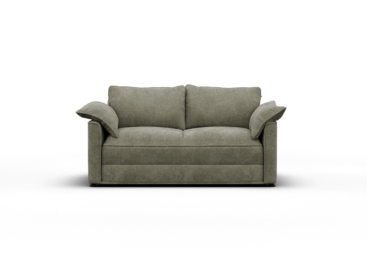 Luxury grey two-seater sofa with plush, cushioned armrests and backrest in soft fabric. Sleek, modern design ideal for sophisticated living rooms.