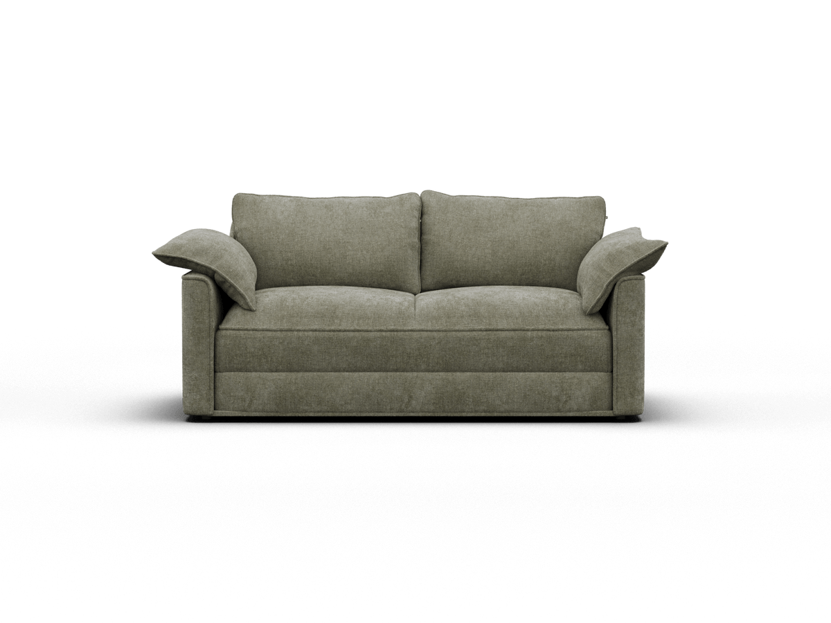 Luxury olive green fabric sofa with plush cushions and soft, curved armrests. Sleek, minimalist design ideal for a sophisticated modern living room.