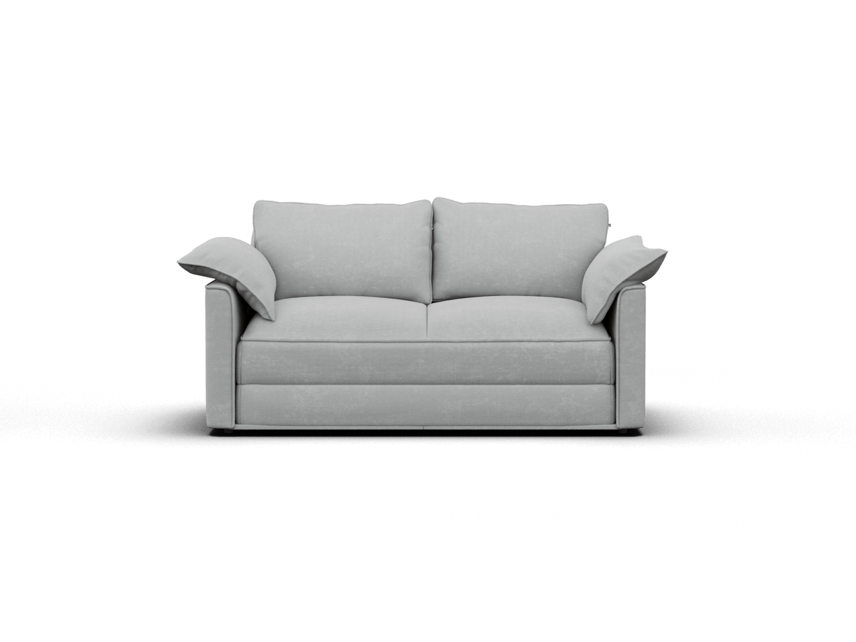 Modern grey fabric sofa with plush cushions, streamlined armrests, and minimalist design. Perfect for a contemporary living room setting.