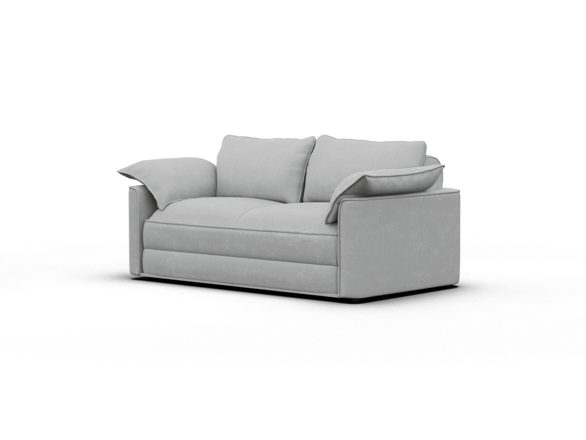 Luxurious grey two-seater sofa featuring plush cushions and clean lines. Upholstered in soft, premium fabric with elegantly folded armrests. Ideal for contemporary living spaces.