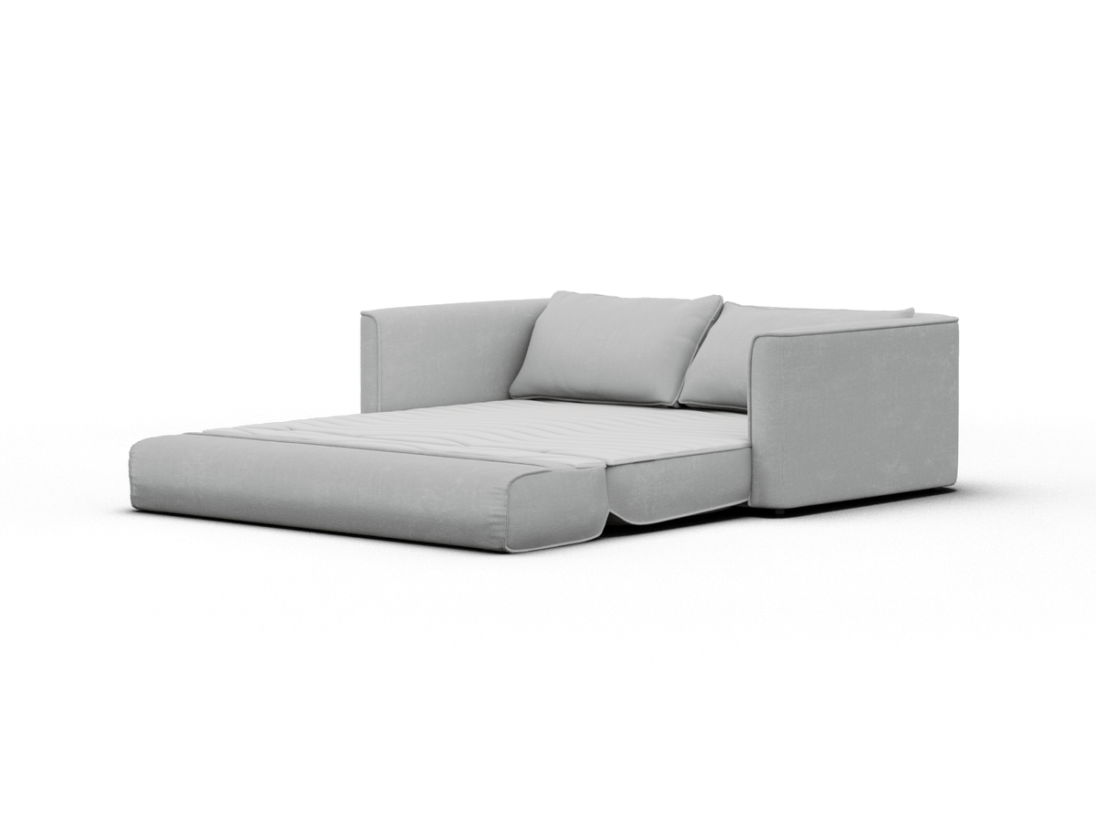 Luxurious grey fabric sofa bed, featuring clean lines and minimalist design, seamlessly transitions from plush seating to a spacious sleeping area.
