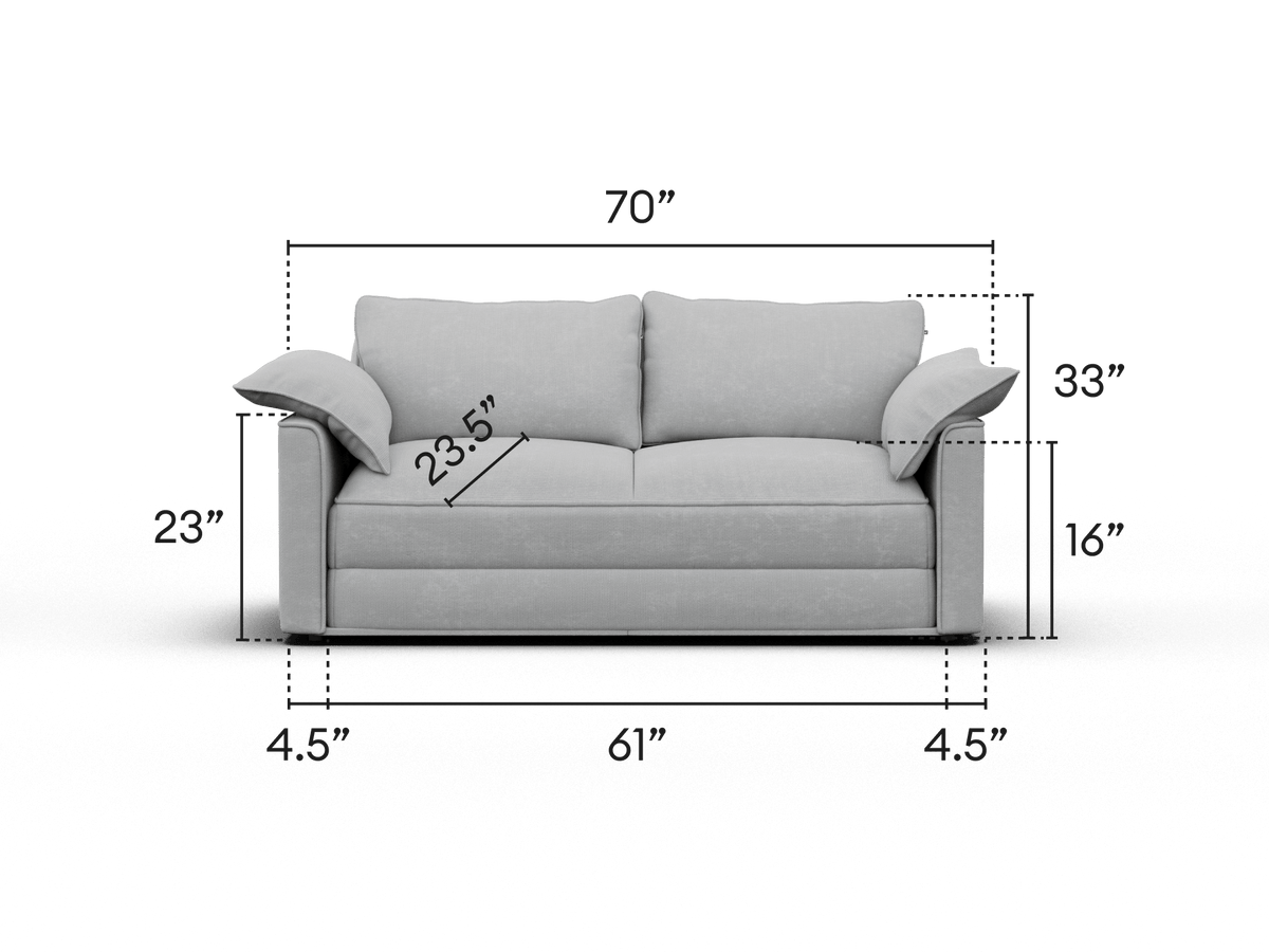 Luxurious grey sofa crafted from premium fabric, featuring elegant split back cushions, wide armrests, and sleek lines. Ideal for modern living rooms.