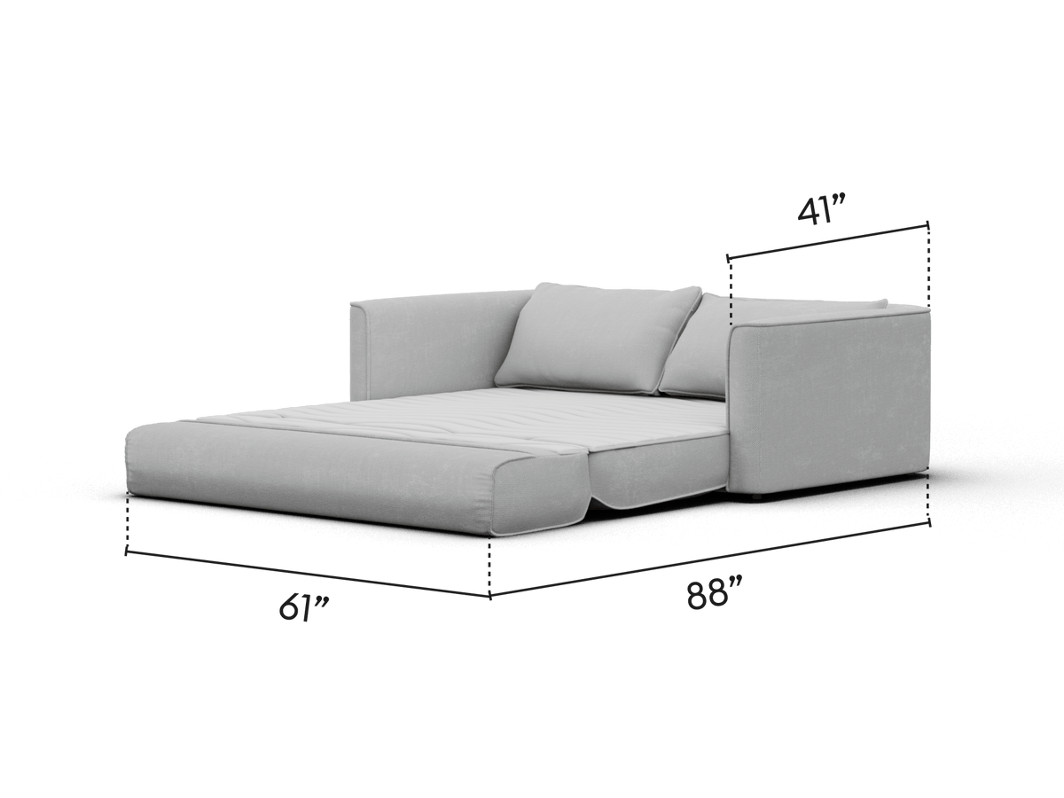 Elegant modular sofa bed in soft grey fabric with plush cushioning, featuring a contemporary low-profile design. Perfect for modern living rooms.