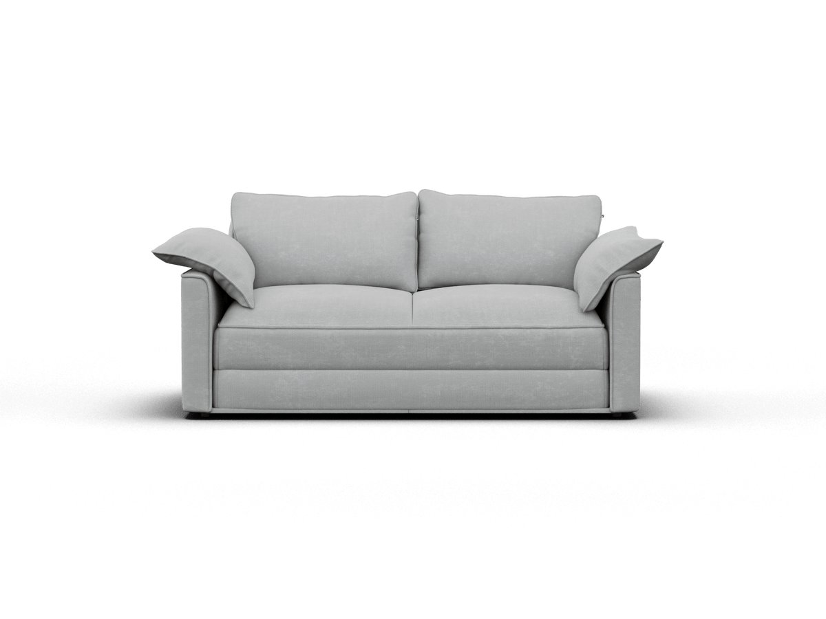 Elegant grey fabric sofa with plush cushions and wide armrests, featuring a minimalist design. Perfect for a contemporary living room setting.