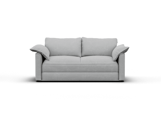 Elegant grey fabric sofa with plush cushions and wide armrests, featuring a minimalist design. Perfect for a contemporary living room setting.