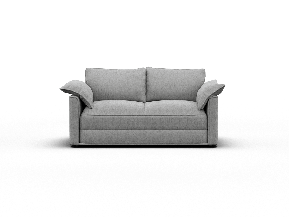 Modern two-seater sofa in grey fabric, featuring plush cushions and sleek lines. Perfect for a sophisticated living room setting.