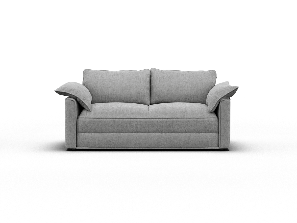 Grey fabric two-seater sofa with plush cushions and padded armrests. Features a streamlined modern design, ideal for a contemporary living room setting.