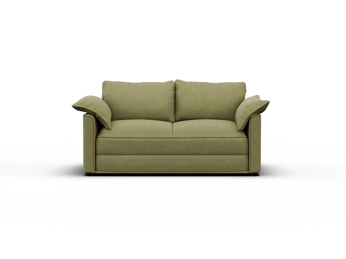 Olive-green fabric sofa with plush cushions and wide armrests, showcasing a minimalist silhouette. Perfect for luxurious living spaces seeking understated elegance.