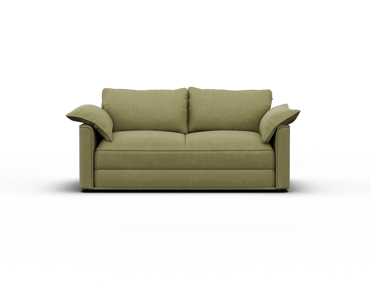 Luxurious olive green fabric sofa with plush cushions and sleek armrests, offering a modern aesthetic and comfort in a contemporary living room setting.