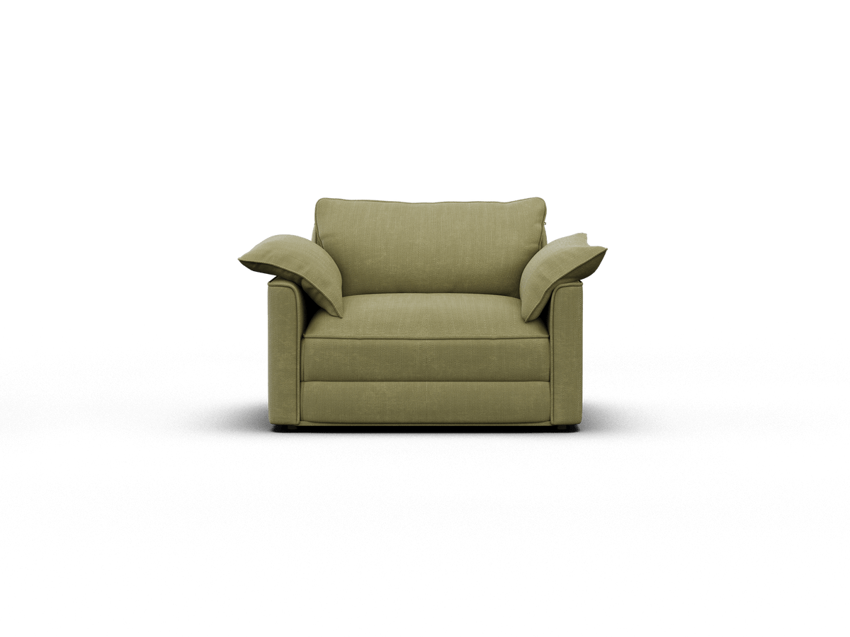 Luxurious olive green armchair, upholstered in premium fabric with plush cushions and wide armrests. Perfect for a sophisticated living room setting.