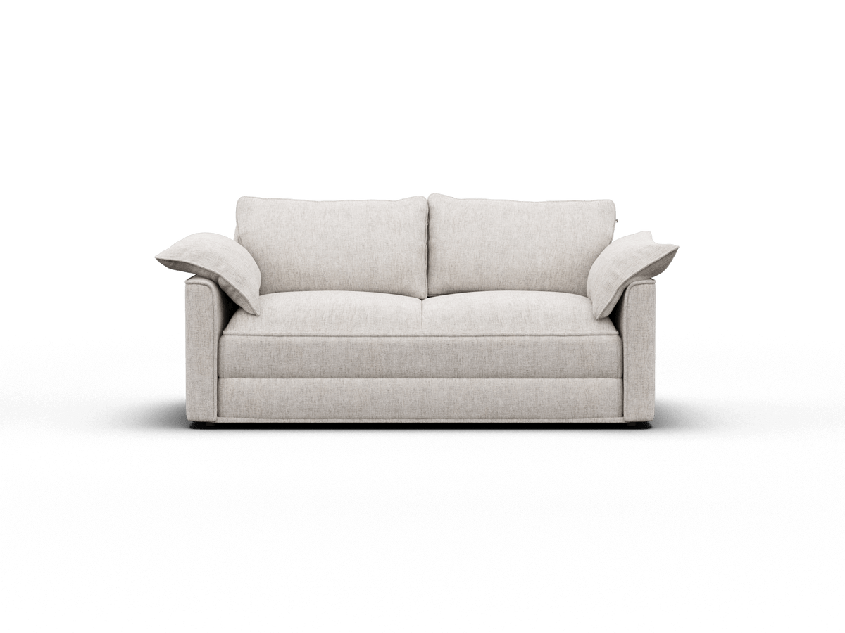 Elegant two-seater sofa in soft grey upholstery, featuring plush cushions and sleek lines, perfectly suited for a modern living room setting.