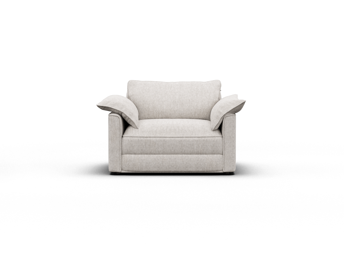 Elegant beige armchair with plush cushioning and soft fabric upholstery, exuding modern sophistication. Perfect for a contemporary living room setting.