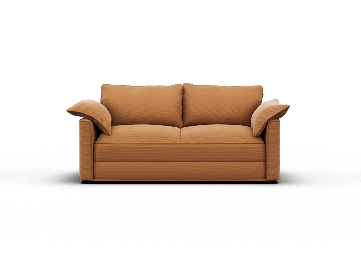 Tan leather loveseat with plush cushions and wide armrests, offering a sleek, modern aesthetic. Perfect for a chic living room or refined office space.